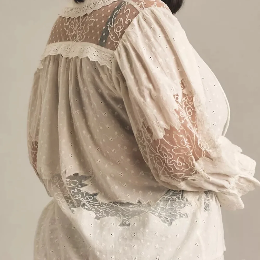 Anthropologie White Eyelet Lace Button-Front Blouse
